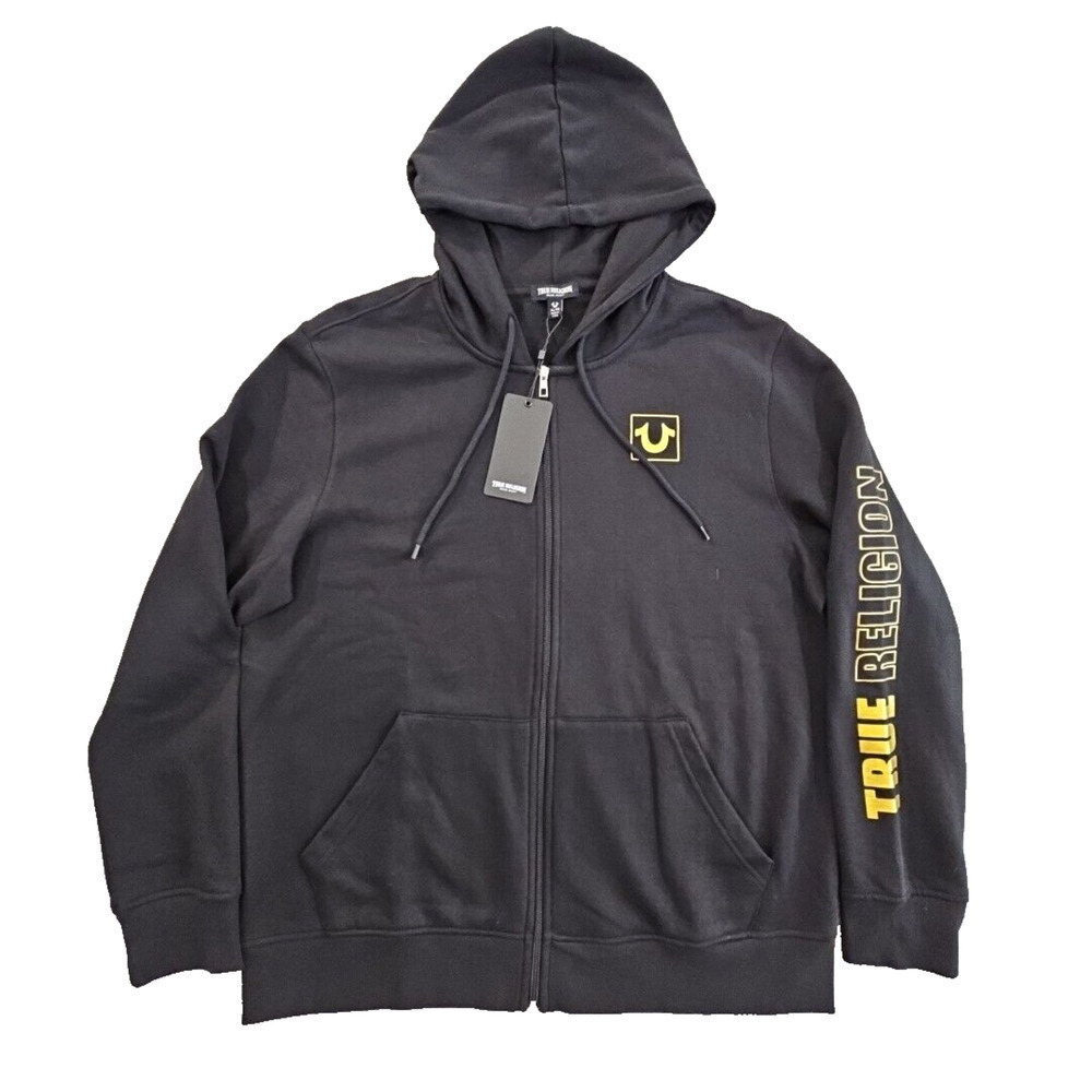 True Religion Full Zip Hoodie Men's XL NWT Black Long Sleeve Gold‎ Sleeve